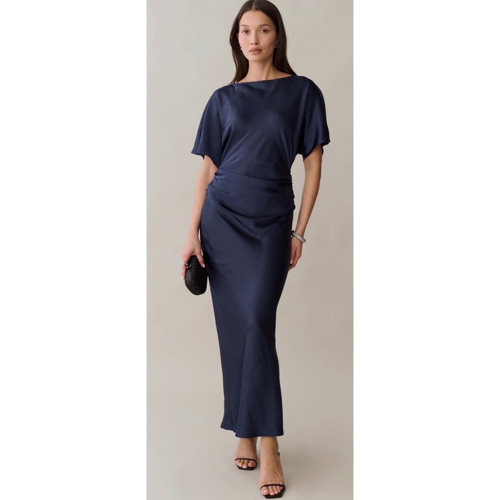 Few Moda o.p.t One Pretty Time Blue Satin Ruched Maxi Dress T26WDRA03850 Size 6